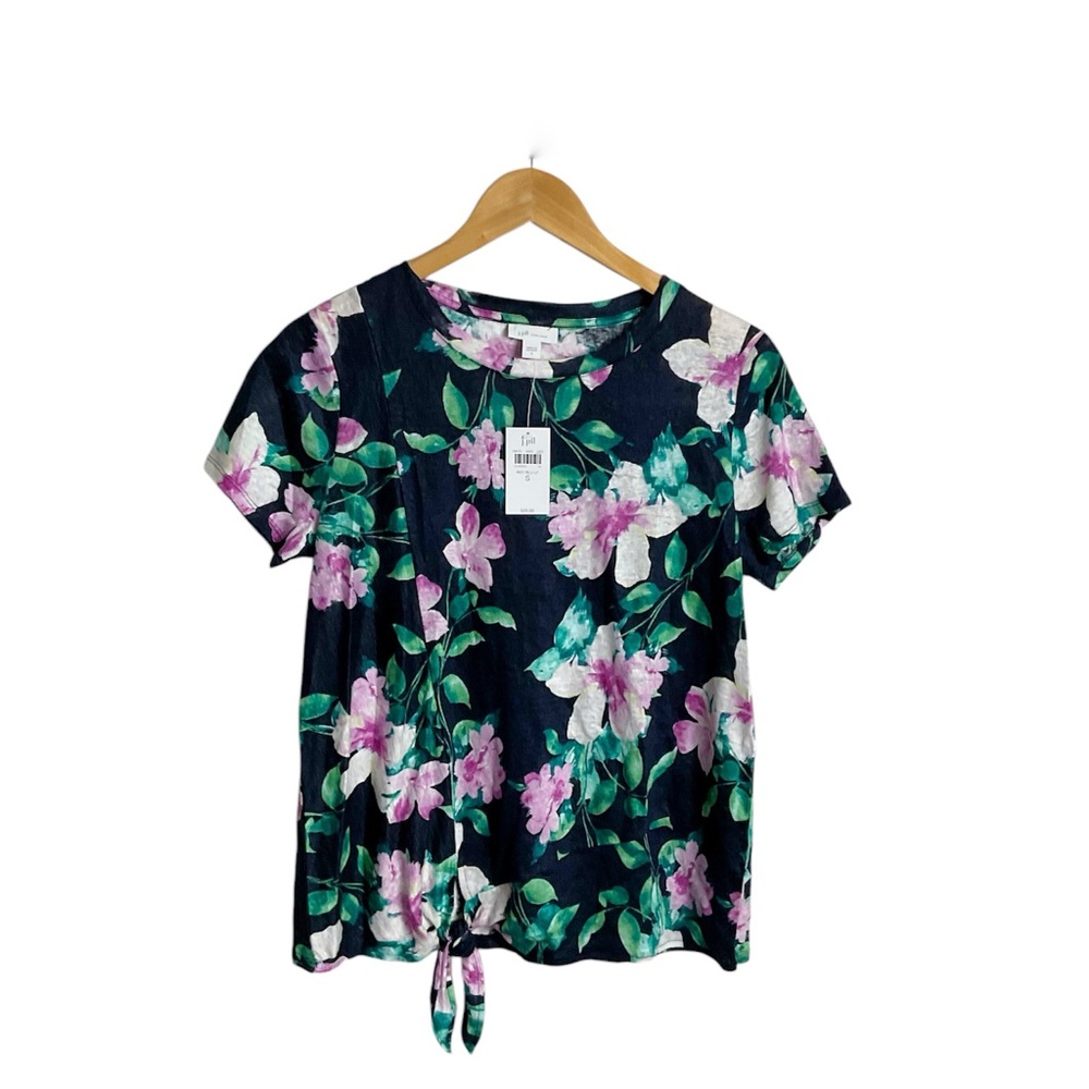 J Jill Floral Linen Tie Side Top Size Small